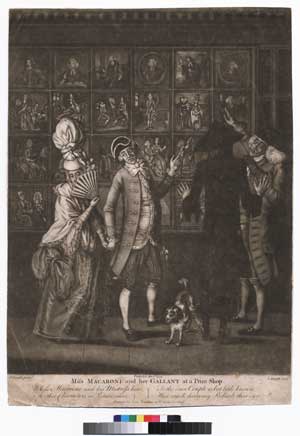 'Miss Macaroni and her Gallant at a Print Shop.' J. Smith fecit, printed for John Bowles, at No. 13 in Cornhill, published April 2, 1773. Courtesy of the Lewis Walpole Library, Farmington, CT.